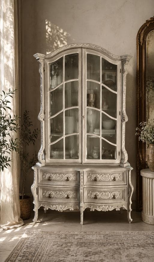 Βιτρίνα αναπαλαιωμένη με Annie Sloan French Linen από το Queen’s Crown
